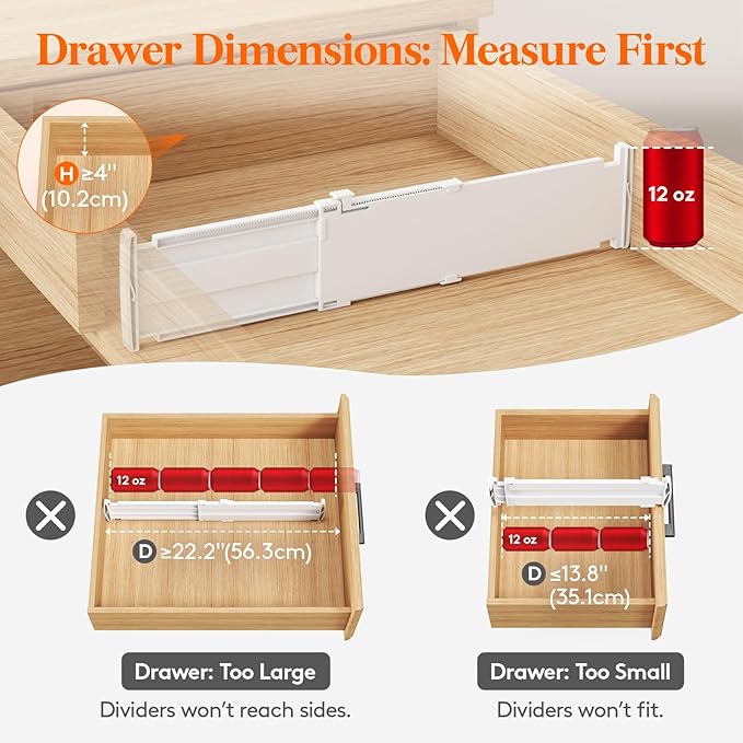 Lifewit 4" Tall 12 Pack Drawer Dividers, 35-56.5cm/13.8-22.2" Expandable Drawer Divider for Clothes, Adjustable Dresser Drawer Organizers, Drawers Separators for Dresser/Bathroom/Closet/Kitchen White
