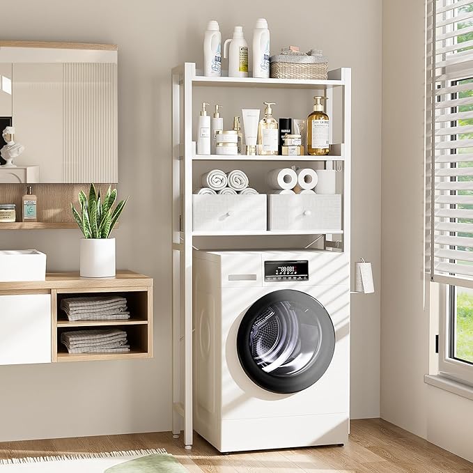 Housolution Over The Toilet Storage with 2 Drawers, 3 Tier Over Toilet Bathroom Organizer with Height Adjustable Shelves and Hooks, Space Saver Above Toilet for Bathroom/Restroom/Laundry, White