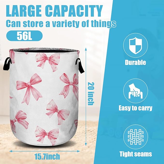 Pink Bow Laundry Basket, Laundry Hamper Collapsible Oxford Cloth with Handle Clothes Toy Storage Bin for Bathroom Laundry Room Bedroom 15.7 X 20 Inch