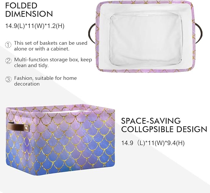 Rectangular Storage Bin Colorful Mermaid Fish Scales Basket with Handles - Toy Bins Laundry Storage Basket for Kids Toy Pets Room Closet