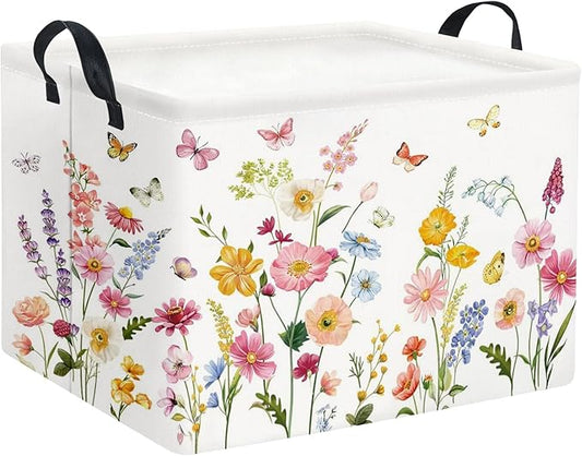 Rectangular Baby Girls Basket Kids Baby Storage Basket Cute Storage Bin Organizer Shelf Book Flower Room Decor(Butterfly Flower)