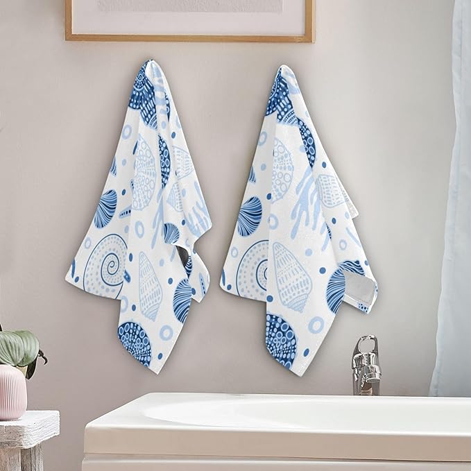 2 Pcs Blue Coastal Decorative Hand Towels for Bathroom,Soft Absorbent Summer Nautical Starfish Seashell Beach Dish Towels for Kitchen,Quick Dry Guest Bathroom Towels for Face,Shower 14"x28"