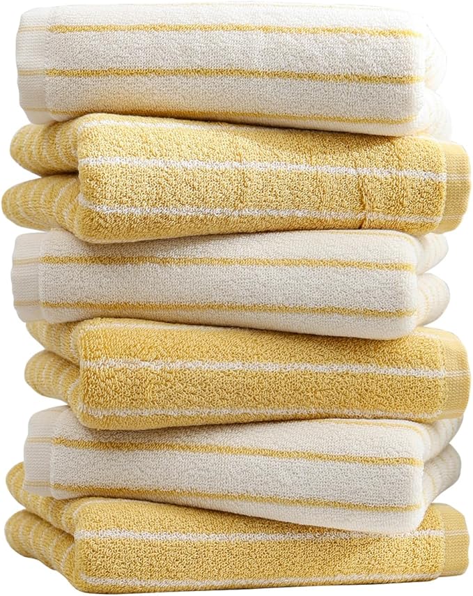 6-Pack Stripe 100% Cotton Hand Towels, Vintage Bathroom Decor, Ultra-Absorbent & Quick-Drying Face & Hand Towel for Adults Kids, Yellow and White Stripe