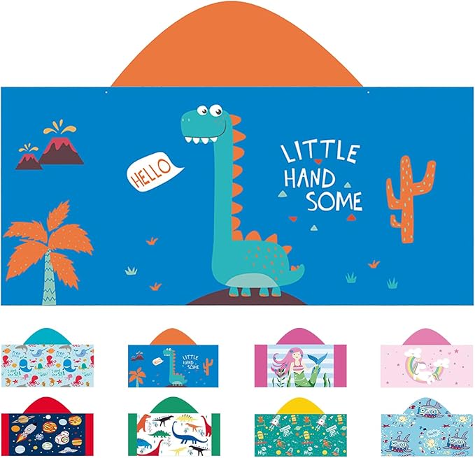 Hooded Beach Towel, Microfiber Hooded Beach Towel For Kids Toddler Infant Boy Girl, Beach Towel with Hood For Bath Pool Swim Summer Beach Essentials Cartoon Shower Gifts (24x50 Inch, Dinosaur Blue)