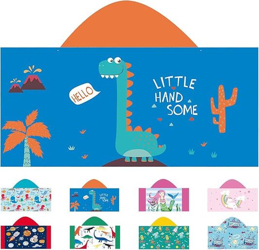 Hooded Beach Towel, Microfiber Hooded Beach Towel For Kids Toddler Infant Boy Girl, Beach Towel with Hood For Bath Pool Swim Summer Beach Essentials Cartoon Shower Gifts (24x50 Inch, Dinosaur Blue)