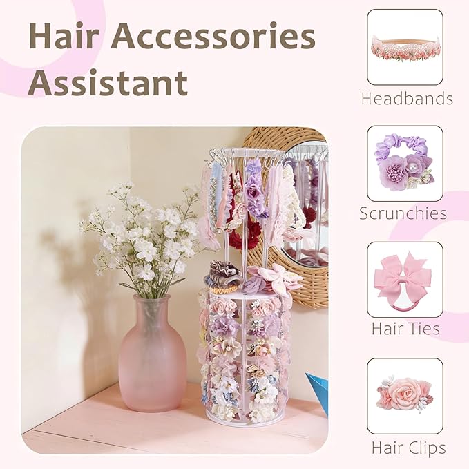 cherrboll Rotating Hair Bows Holder Stand, Headbands Organizer with Hooks, Scrunchies Claw Clips Rack Display, Hair Accessories Storage Nursery Room Decor for Baby Toddler Girls