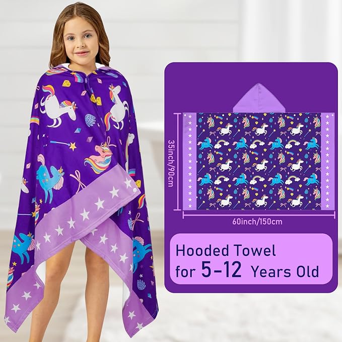 Hooded Towels for Kids Unicorn 60" x 35" Toddler Bath Beach Towel Poncho with Hood Super Soft and Absorbent 100% Microfiber for Girls Ages 5-12