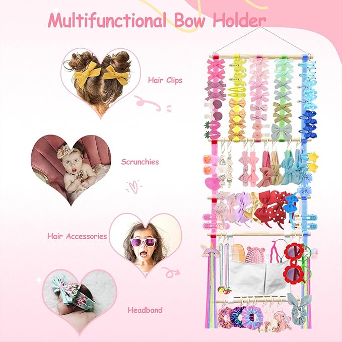 Bow Holder Organizer for Girls Hair Bows, Baby Headband Organizer Hair Accessories Storage Wall Hanging Decor for Toddler Girls Room