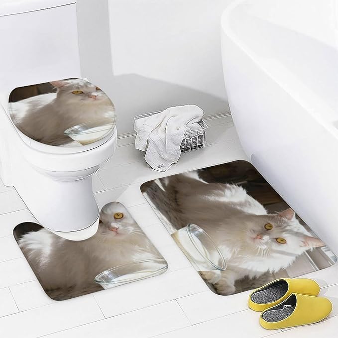 4 Piece Bathroom Rug Set with Shower Curtain, Non-Slip Bath Mat Toilet Cover Set, Greedy Cat Bathroom Rug Sets