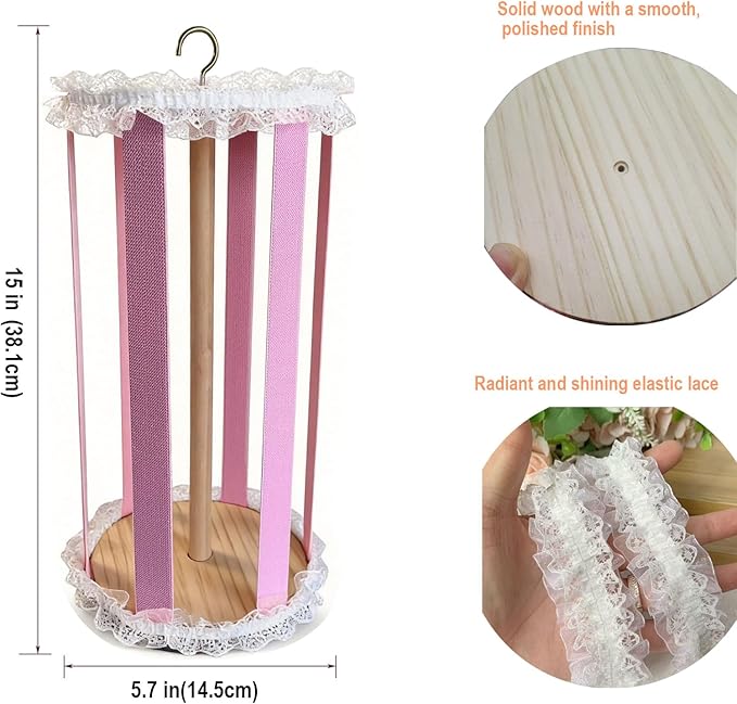 Bow Organizer for Girls, Solid Wood Hair Bow Holder with 360° Rotating Stand, Hair Clip & Hair Accessories Organizer for Baby Girls, Pink Nursery & Girls Room Decor
