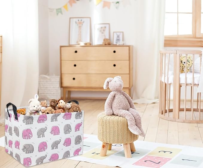 Elephant Baby Storage Bin Pink Elephant Decor for Girls Room Toy Shelf Gift Basket (Rectangular Shape, Handles for Easy Carry)