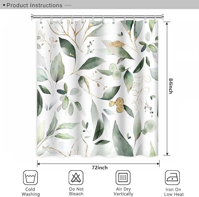 Abstract Eucalyptus Leaves Shower Curtains Sage Green Gold Branches Leaf Nature for Bathroom Farmhouse Style Home Decor Waterproof Polyester Fabric Shower Curtain with Hooks, 72x84 Inch