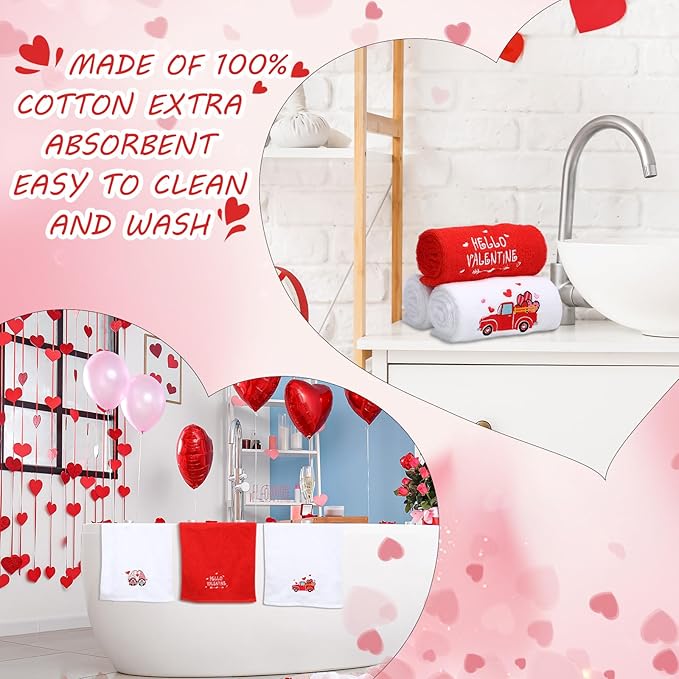 3 Pack Valentine's Day Bath Hand Towels Embroidered 100% Cotton 13.7 x 29.5 in Red Heart Love Bathroom Kitchen Decorations