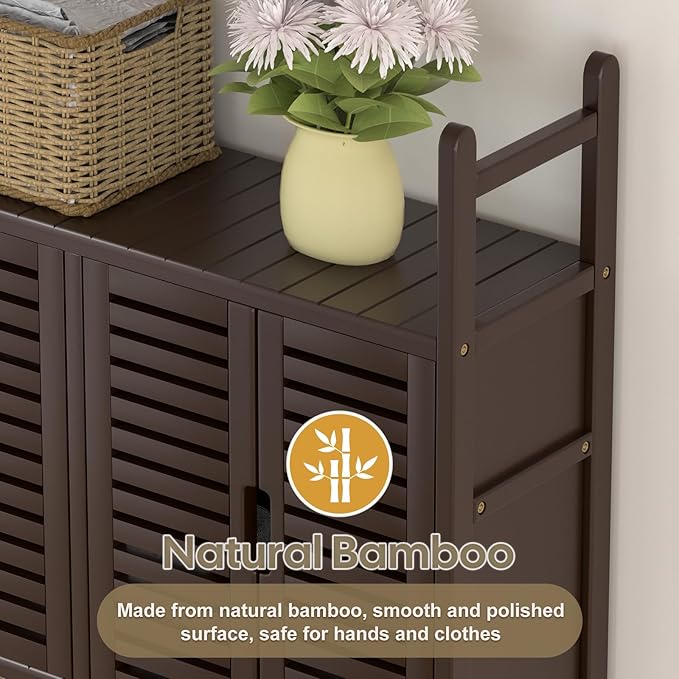 Over The Toilet Storage Cabinet with Paper Holder Stand,Bamboo Bathroom Organizer Shelf with Four Door and Waterproof Feet Pad,Space Saver Rack with Anti-Tip Design (Brown)