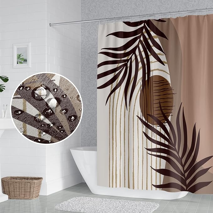 Abstract Mid Century Boho Bathroom Shower Curtain Eucalyptus Leaves Brown and Beige Sun Shower Curtain with Hooks Waterproof Fabric Polyester Shower Curtain for Art Home Decor, 48x72 Inch