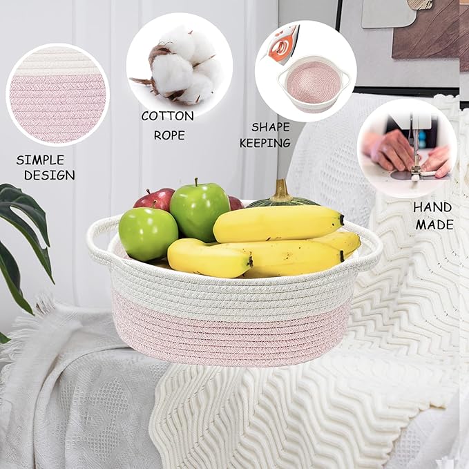 COMFY HOMI Small Woven Gift Baskets with Handles, Gift Bags and Ribbons - Cotton Rope Storage Basket for Organizing, Dog Toy Basket Box, Gift Baskets Empty, Mother’s Day-φ11X5 Inch（white/pink）