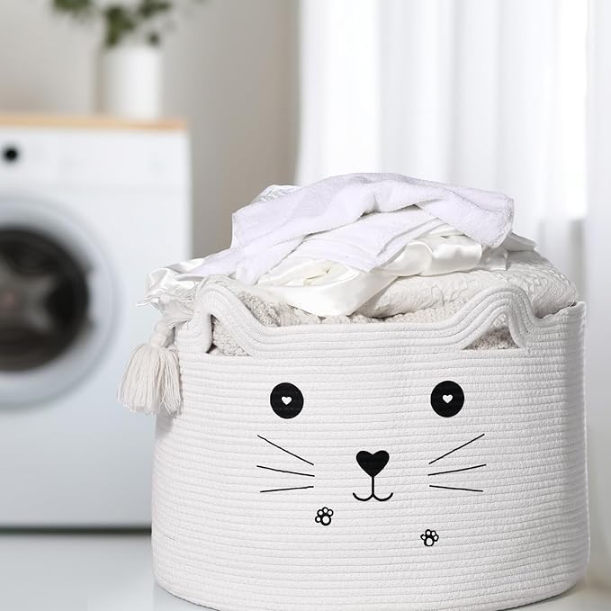 Zopeal Cat Basket Storage Woven Organizer with Ears Christmas Decorative Pet Toy Cute Cotton Rope Basket for Gift Cat Dog Toy Bin Nursery Room(21.7 x 13.8 Inch,White)