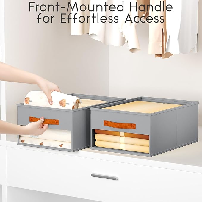 Closet Organizers and Storage - 12 Pack Storage Bins Baskets for Organization Foldable Closet Organizer with Clear Window & Handles for Clothes, Toys, Towels, Small Essentials (Grey)