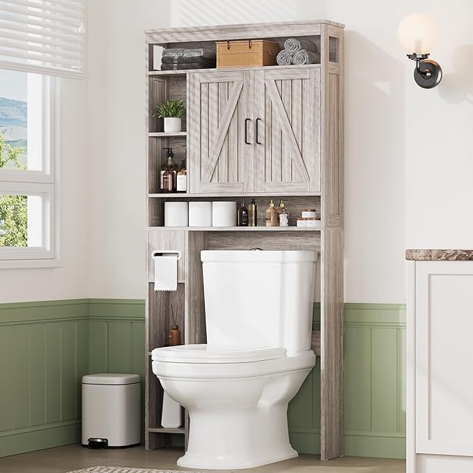 Over The Toilet Storage Cabinet, Farmhouse Storage Cabinet Over Toilet with 2 Barn Door & Toilet Paper Holder Stand, Freestanding Space-Saving Toilet Storage Rack for Bathroom, Laundry, Gray