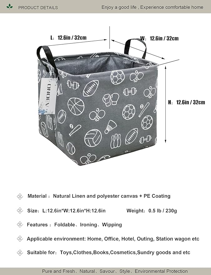 Square Folding Laundry Basket, waterproof Canvas Basket,gift basket,Suitable for children's room,Office,Clothes,Toys Storage(Grey Sports Ball)