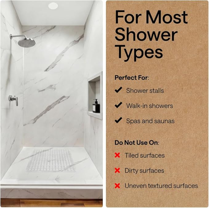 GORILLA GRIP Patented Square Shower Stall Mat, Small Bathtub Floor Mats for Stand Up Showers, Suction Cups and Drainage Holes, Machine Wash, Soft on Feet, Bathroom Accessories 21x21 Inch, 2 Pack Clear