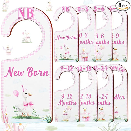 Baby Closet Dividers 8PCS, Pink Goose Themed Wooden Double-Sided Clothes Size Hanger Organizer from Newborn to Toddler for Nursery Decor Baby Shower Birthday Gift