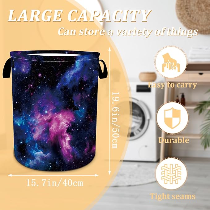 Purple Galaxy Space Laundry Basket, Space Laundry Hamper, Oxford Waterproof Foldable Clothes Storage Bin, Toy Organizer Basket for Bathroom/Household/College Dorms 15.7"x19.6"