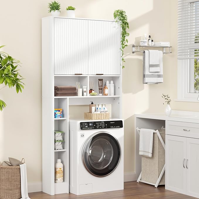 31" W Over The Toilet Storage Cabinet with Fluted Door, White Bathroom Organizer with Adjustable Shelf, 67''H Tall Toilet Paper Holder Stand Wave Door for Restroom, Laundry Room