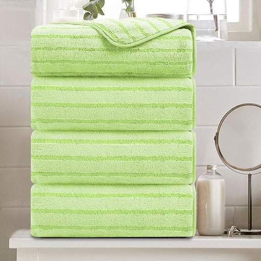 4 Pcs Grass Green Cabana Stripe Large Bath Towels 35"x70" Oversized Bath Sheet Soft Breathable Jumbo Bathroom Towels Highly Absorbent Shower Towel Quick Dry Beach Chair Towel Spa Gym Hotel Towel Set