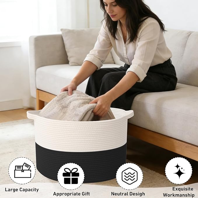 65L Large Blanket Basket,19.7" L x 19.7" W x 13" H Rope Woven Baskets with Handles, Toys Storage Bins,Laundry Basket Perfect for Living Room, Nursery,Bedroom,Home Organization,White&Black