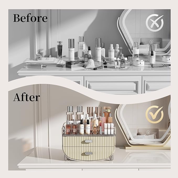 LAMU Makeup Organizer With 2 Drawers, Bathroom Storage With Four Non-Slip Feet And Dust-Proof, Simple And Stylish For Desktop, Vanity, Bathroom Countertops, White, Ideal Christmas Gifts for Girls