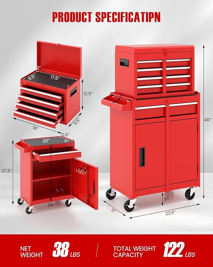 ARNOT 2-in-1 Rolling Tool Chest with 5 Drawers, Heavy-Duty Metal Tool Box with Wheels, Detachable Top Tool Box & Rolling Tool Cabinet for Garage, DIY (5-Drawers, Red)