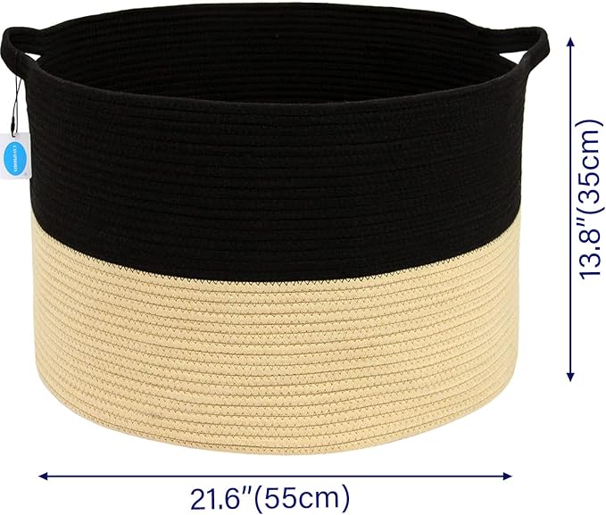 Casaphoria XXL Cotton Rope Woven Laundry Basket with Handle - Blanket, Comforter, Cushions Storage Bin - 21.7" x 21.7" x 13.8", Black and Brown