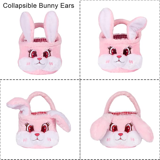 LUBOT Easter Basket for Kids 3D (9inch*9inch) Plush Bunny Baskets with Foldable Ears Egg Hunts bucket for Boys and Girls Easter Decoration Bag Gift, Pink