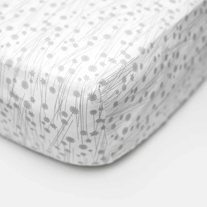 SheetWorld Baby Fitted Moses Basket Sheet 13 x 27 inches, 100% Cotton Woven Sheet, Unisex Boy Girl, Grey Floral Stems, Made in USA