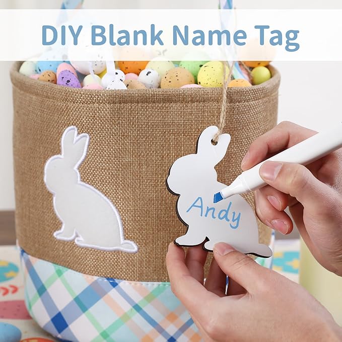 Easter Basket – Bunny Basket with DIY Blank Wooden Bunny Tag for Kids, Boys, Girls, Easter Egg Hunt, Candy Gift Storage (Bule)