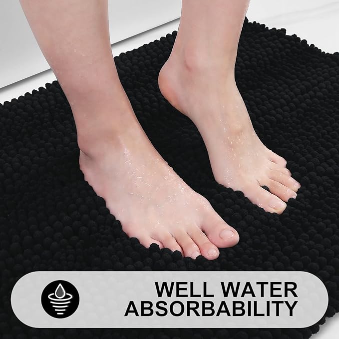 Grandaily Chenille Striped Bathroom Rugs 47x24, Extra Thick and Absorbent Bath Mats, Non-Slip Soft Plush Shaggy Shower Carpet, Machine Wash Dry, Bath Rug for Bathroom, Black