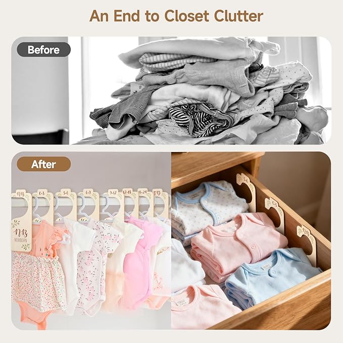 Wooden Baby Closet Dividers - Set of 8 Baby Clothes Organizer from Newborn to Toddler, Double-Sided Gender Neutral Baby Clothes Dividers