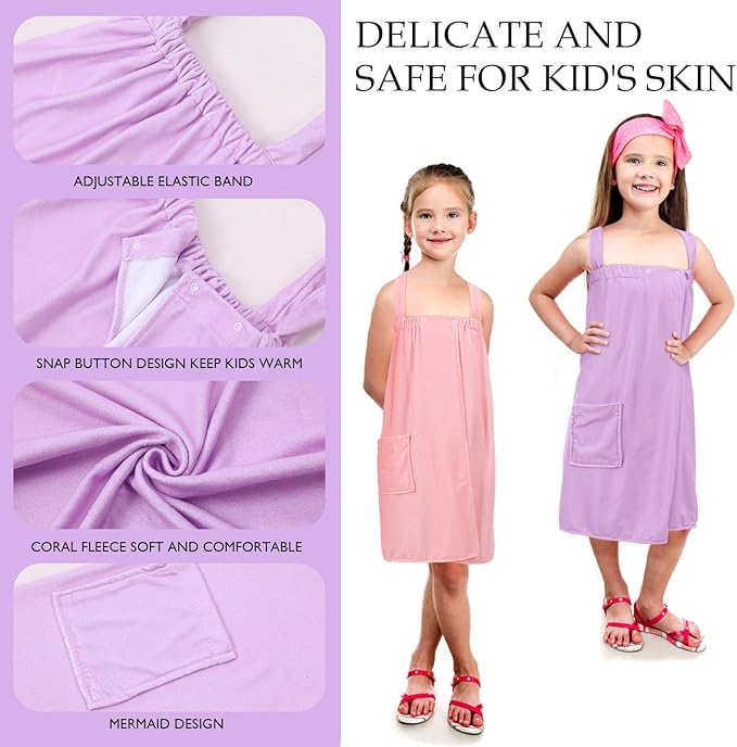 2 Sets Girls Towel Wrap Hair Towel Wrap for Kids with Soft Bath Body Dress Cute Adjustable Bathrobe with Turbans for 3.9-4.9 ft Kids Girls Wet Hair Rapid Drying(Classic Style)