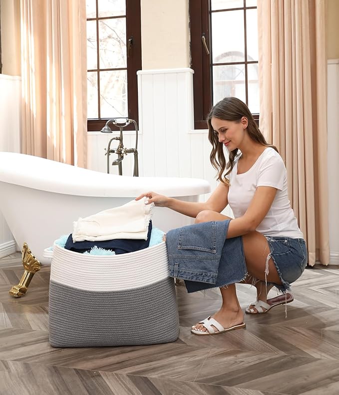 20"x12"x16" Mega Size Rectangular Extra Large Storage Basket, Rectangular Cotton Rope Storage Baskets, Woven Laundry Hamper, Cloth Storage Bin, for Clothes Blanket in Living Room, Grey Basket