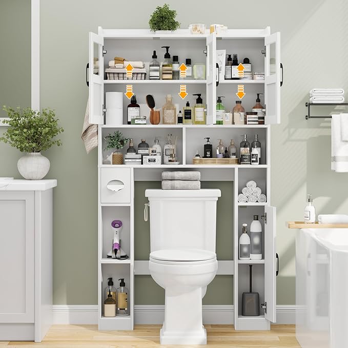 Over The Toilet Cabinet,Farmhouse Toilet Cabinet Rack with 3 Acrylic Doors and Adjustable Storage Shelf,Space Saving Bathroom Organizer with Toilet Paper Holder Stand for Restroom, Laundry，White
