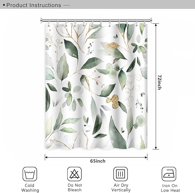 Abstract Eucalyptus Leaves Shower Curtains Sage Green Gold Branches Leaf Nature for Bathroom Farmhouse Style Home Decor Waterproof Polyester Fabric Shower Curtain with Hooks, 65x72 Inch