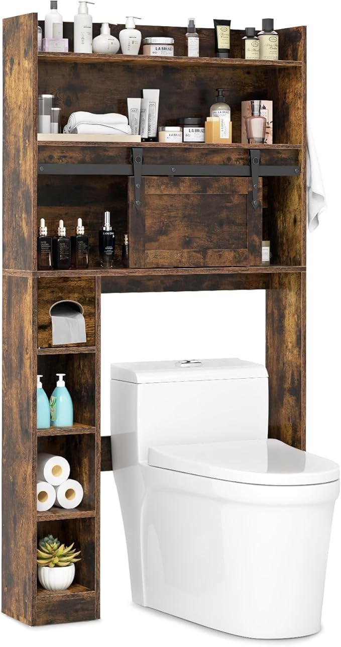 Tangkula Over The Toilet Storage Cabinet, Farmhouse Freestanding Above Toilet Rack w/Sliding Barn Door, Adjustable Shelves, Toilet Paper Holder, 2 Hooks, Bathroom Space Saver (Retro, Rustic Brown)