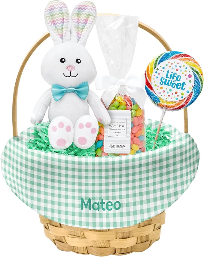 Let's Make Memories Personalized Easter Basket for Kids- For Boys - For Girls - Create Your Own - Fillable - Wicker - Easter Basket Stuffers - Small - Green Spring Gingham