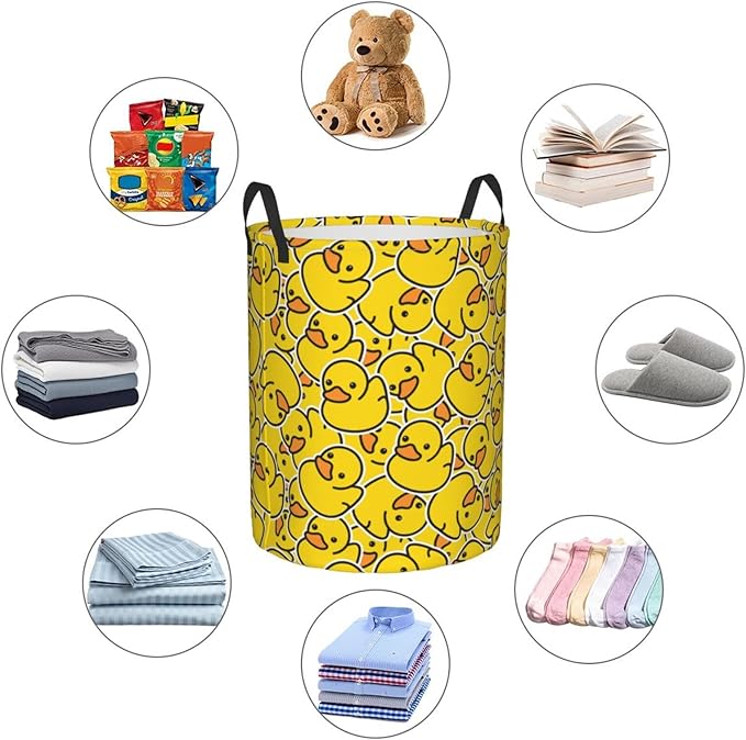 38L Round Laundry Hamper Cute Rubber Ducky Storage Basket Waterproof Coating Yellow Cartoon Ducks Organizer Bin For Nursery Clothes Toys