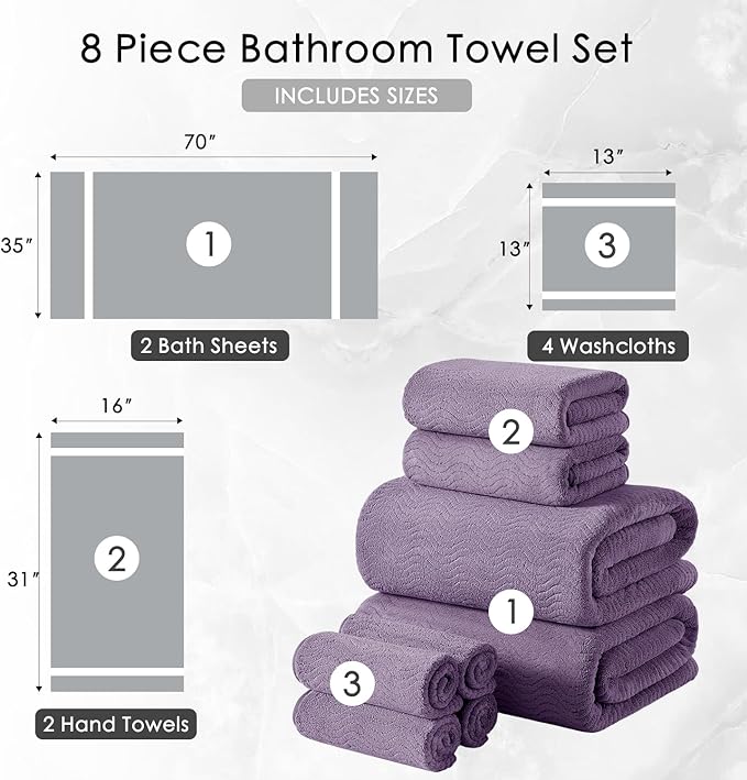8 Piece Bath Towel Set |2 Oversized Large Bath Sheet,2 Hand Towels,4 Washcloths| Ultra Soft Cozy Bath Towel Set for Bathroom Hotel Gym Spa,Highly Absorbent Quick Dry Bathroom Towel Collections,Purple