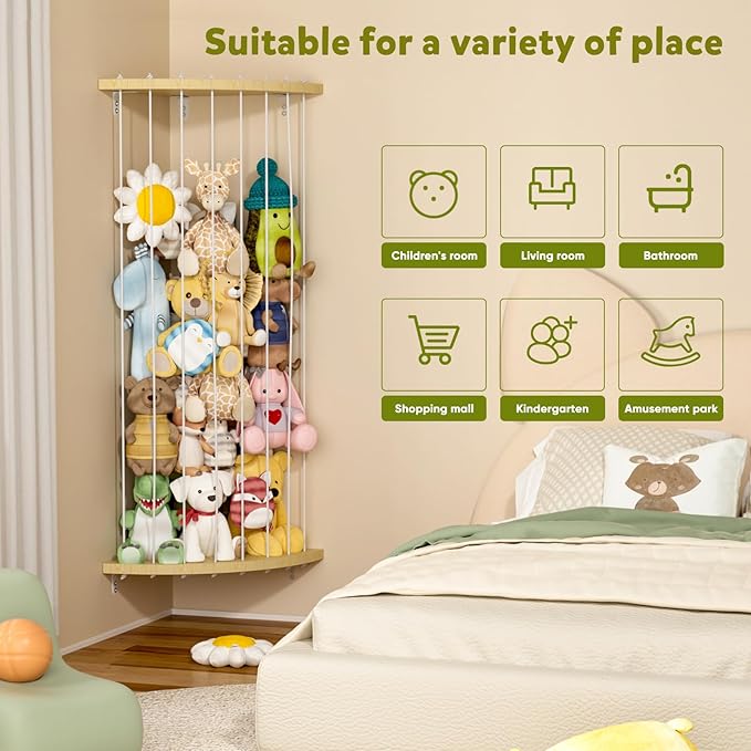 Dayacoco 80 in Stuffed Animal Storage Wooden Corner Shelf,60-80 in Length Adjustable,Stuffed Animal Organizer,Wall Hanging Stuffed Animal Holder Shelf for Nursery & Play & Bedroom & Kid Room