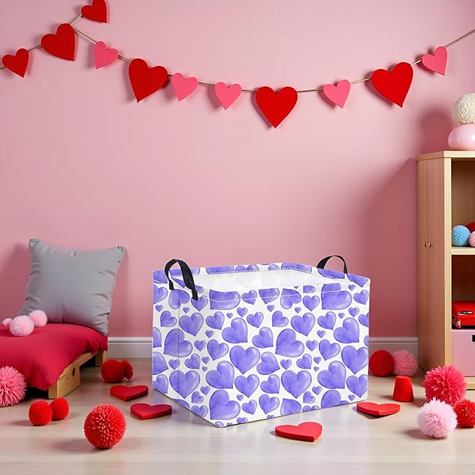 HIYAGON Rectangular Valentines Basket Fabric Storage Bin Storage Boxes Collapsible Storage Basket for Clothes Books Shelves Basket(Purple Heart)