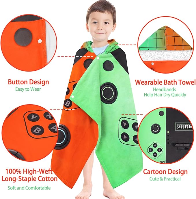 Hooded Towels for Kids- Ultra Soft 100% Cotton Video Game Gamepad Toddler Hood Bath Towels/Pool Terry Towel Beach Poncho Wrap Absorbent Cute Bath & Swim Wrap for Boys & Girls 3-10 Years