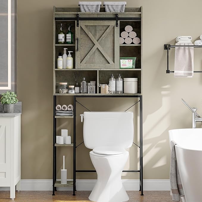 Vabches Over The Toilet Storage Cabinet, Farmhouse Storage Cabinet Over Toilet with Sliding Door & Toilet Paper Holder Stand, Home Space-Saving Toilet Rack for Bathroom, Restroom